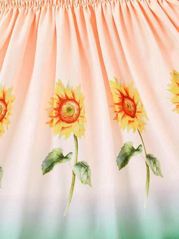 Girls' Sunflower Printed Sleeveless Dress With Hat, Summer Outdoor