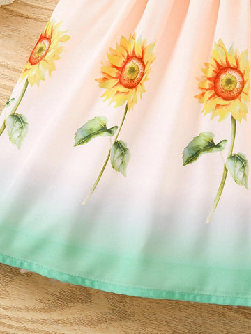 Girls' Sunflower Printed Sleeveless Dress With Hat, Summer Outdoor