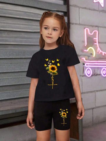 Girls' Sunflower & Butterfly Printed T-Shirt And Shorts Set, 2pcs
