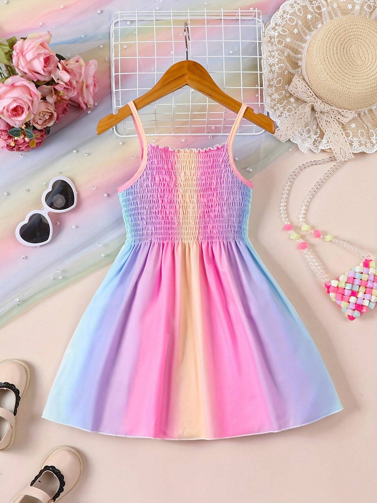 Girls' Suspender Gather Color Casual Summer Dress