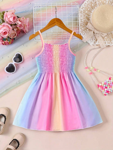 Girls' Suspender Gather Color Casual Summer Dress