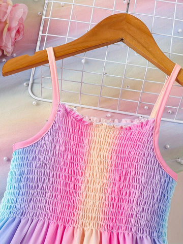 Girls' Suspender Gather Color Casual Summer Dress