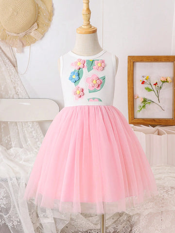 Girls' Sweet 3D Flower Decorated Vest And Mesh Dress, Summer Princess Dress For Girls