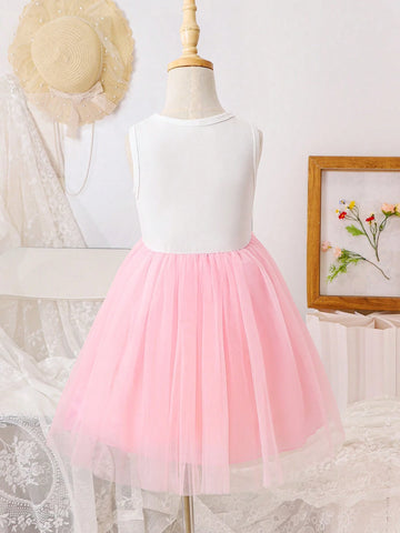 Girls' Sweet 3D Flower Decorated Vest And Mesh Dress, Summer Princess Dress For Girls