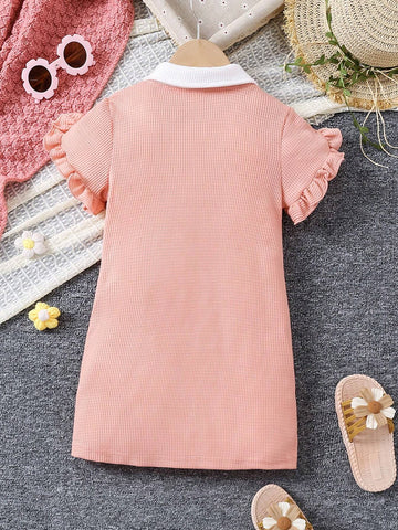 Girls' Sweet And Cute Polo Dress With Flower Decoration Bag