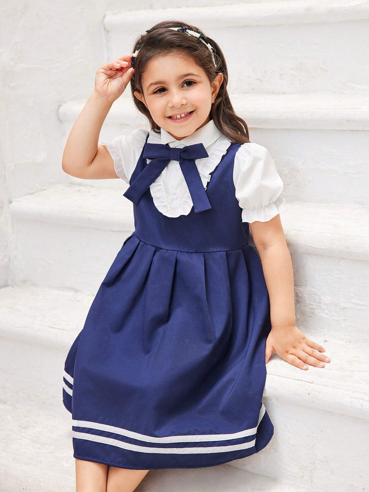 Girls' Sweet And Lovely Gradient Pink Bow Puff Sleeve Dress With Mesh Patchwork