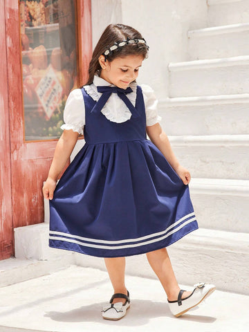 Girls' Sweet And Lovely Gradient Pink Bow Puff Sleeve Dress With Mesh Patchwork