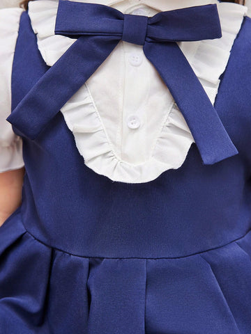 Girls' Sweet And Lovely Gradient Pink Bow Puff Sleeve Dress With Mesh Patchwork