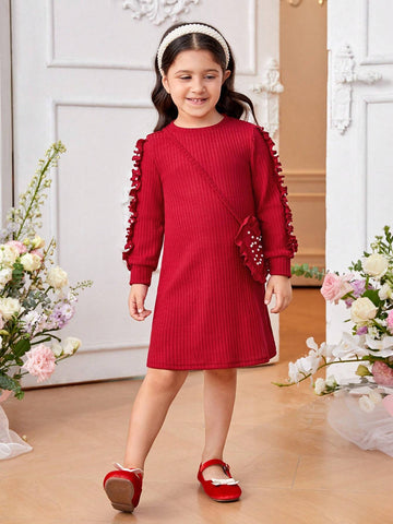 Girls' Sweet And Lovely Gradient Pink Butterfly Puff Sleeve Mesh Splice Dress