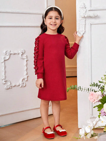 Girls' Sweet And Lovely Gradient Pink Butterfly Puff Sleeve Mesh Splice Dress