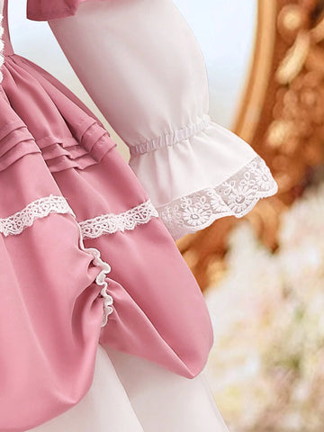 Girls' Sweet And Lovely Pink Butterfly Knot Bubble Skirt, Pink And White Spliced Color With Gorgeous Lace And Heavy Workmanship, Precious And Exquisite Palace Princess Dress Suitable For Parties