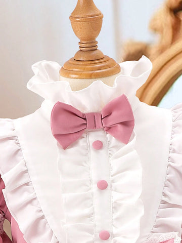 Girls' Sweet And Lovely Pink Butterfly Knot Bubble Skirt, Pink And White Spliced Color With Gorgeous Lace And Heavy Workmanship, Precious And Exquisite Palace Princess Dress Suitable For Parties