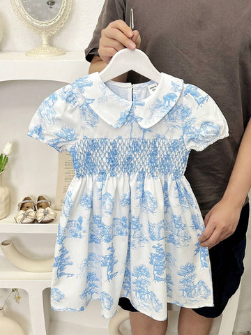 Girl's Sweet Bubble Sleeves Dress With Peter Pan Collar And Small Flower Print