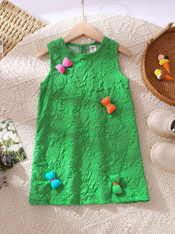 Girls" Sweet Butterfly Printed Dress With Bowknot Accent, Summer Princess Dress
