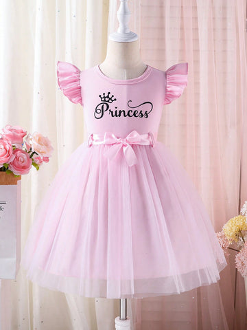 Girls Sweet Elegant Letter Print Cap Sleeve Bow Waist Mesh Sleeveless Dress, Suitable For Summer Party