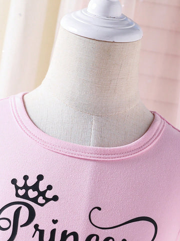 Girls Sweet Elegant Letter Print Cap Sleeve Bow Waist Mesh Sleeveless Dress, Suitable For Summer Party