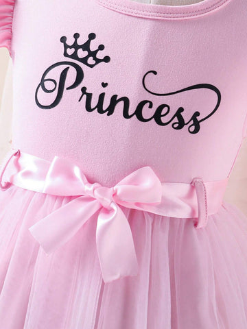 Girls Sweet Elegant Letter Print Cap Sleeve Bow Waist Mesh Sleeveless Dress, Suitable For Summer Party