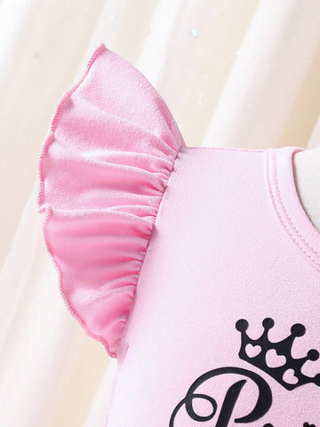 Girls Sweet Elegant Letter Print Cap Sleeve Bow Waist Mesh Sleeveless Dress, Suitable For Summer Party