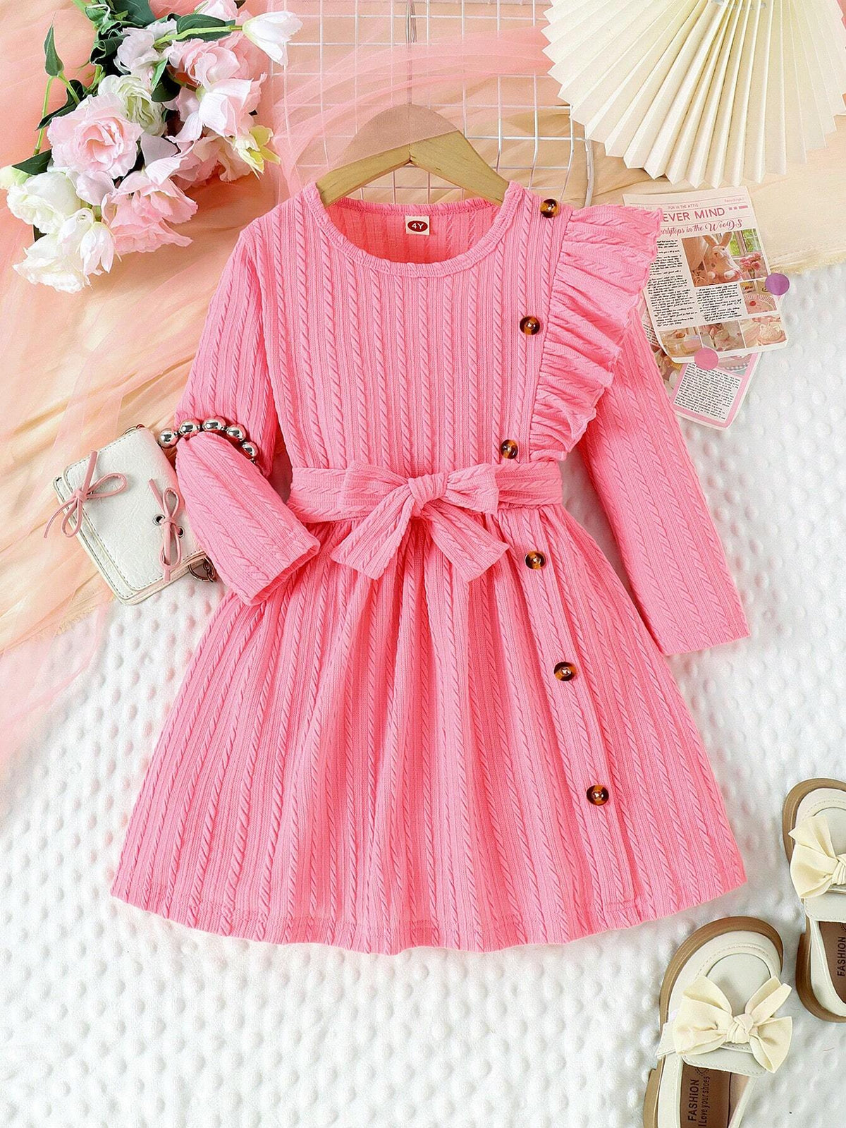 Girls Sweet Elegant Long Sleeve Belted Dress, Spring Autumn