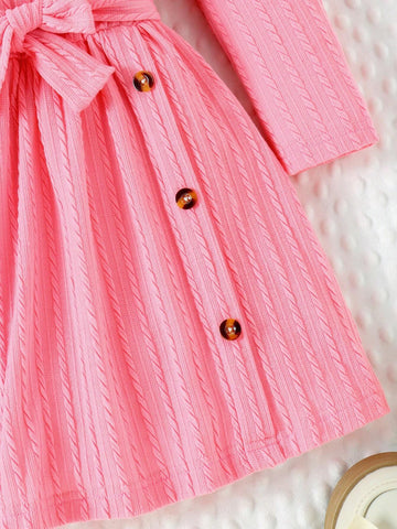 Girls Sweet Elegant Long Sleeve Belted Dress, Spring Autumn