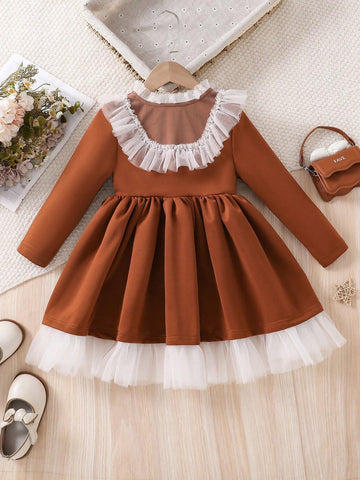 Girls Sweet Elegant Princess Velvet Patchwork Feather Cuff Long Sleeve Dress, Suitable For Spring Or Layering In Autumn/Winter