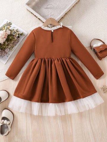 Girls Sweet Elegant Princess Velvet Patchwork Feather Cuff Long Sleeve Dress, Suitable For Spring Or Layering In Autumn/Winter