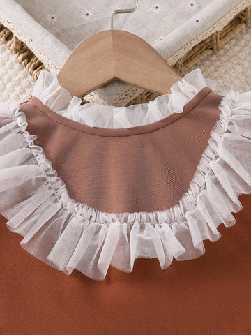 Girls Sweet Elegant Princess Velvet Patchwork Feather Cuff Long Sleeve Dress, Suitable For Spring Or Layering In Autumn/Winter