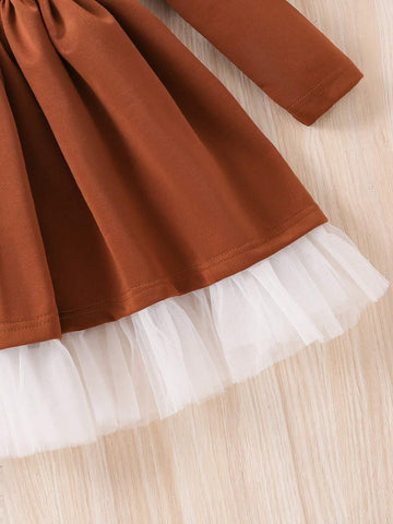 Girls Sweet Elegant Princess Velvet Patchwork Feather Cuff Long Sleeve Dress, Suitable For Spring Or Layering In Autumn/Winter