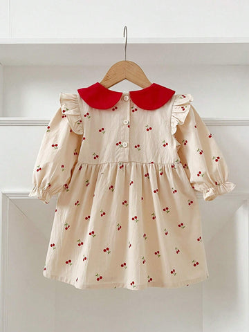 Girls' Sweet Embroidery Cherry Decor Long Sleeve Princess Dress, Spring & Autumn