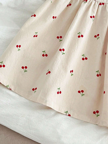 Girls' Sweet Embroidery Cherry Decor Long Sleeve Princess Dress, Spring & Autumn