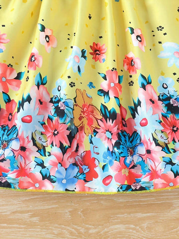 Girls Sweet Flower Print Bow Decor Cami Dress For Summer Party Gift