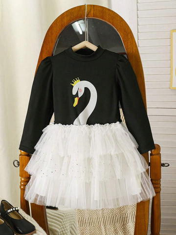 Girls' Sweet Gradient Pink Puff Sleeve Mesh Patchwork Dress