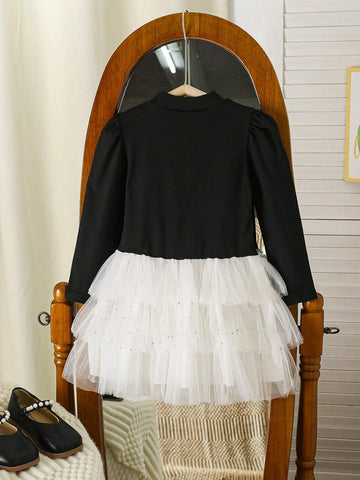 Girls' Sweet Gradient Pink Puff Sleeve Mesh Patchwork Dress