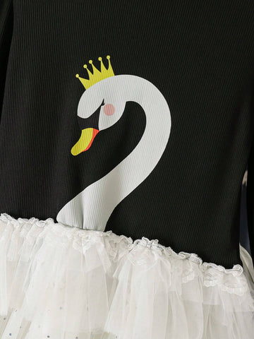 Girls' Sweet Gradient Pink Puff Sleeve Mesh Patchwork Dress