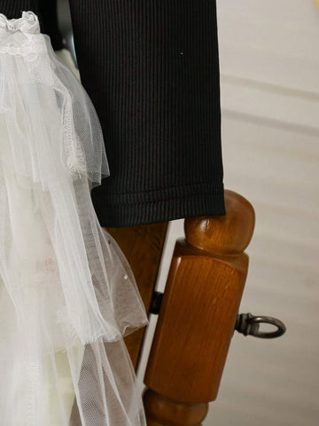 Girls' Sweet Gradient Pink Puff Sleeve Mesh Patchwork Dress