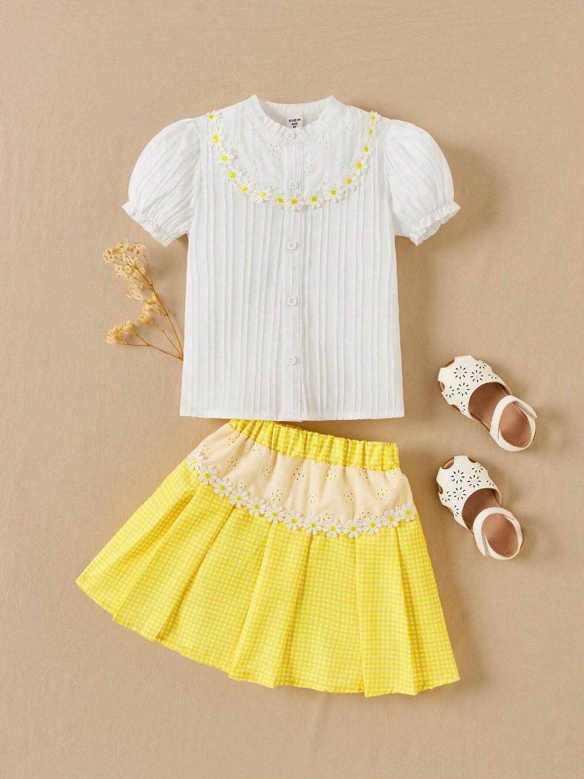 Girls' Sweet Lace Patchwork Shirt & Skirt Set, College Style Summer Outfit