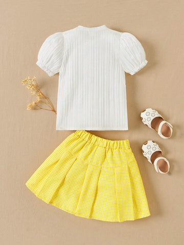 Girls' Sweet Lace Patchwork Shirt & Skirt Set, College Style Summer Outfit