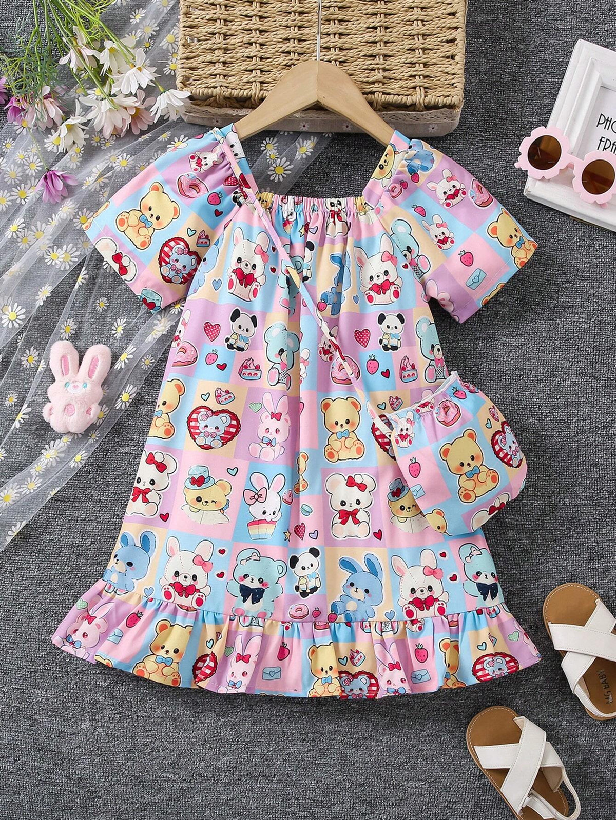 Girls Sweet Lovely Cute Gradient Pink Butterfly Bubble Sleeve Patchwork Mesh Dress
