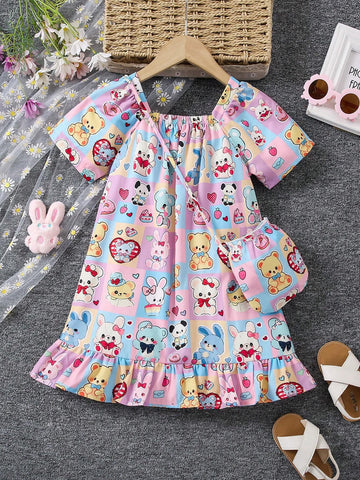 Girls Sweet Lovely Cute Gradient Pink Butterfly Bubble Sleeve Patchwork Mesh Dress