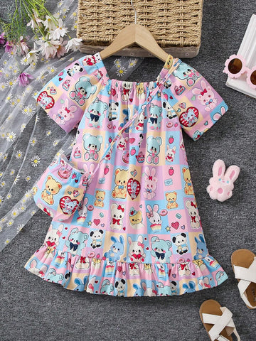 Girls Sweet Lovely Cute Gradient Pink Butterfly Bubble Sleeve Patchwork Mesh Dress