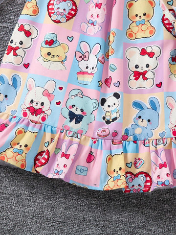 Girls Sweet Lovely Cute Gradient Pink Butterfly Bubble Sleeve Patchwork Mesh Dress