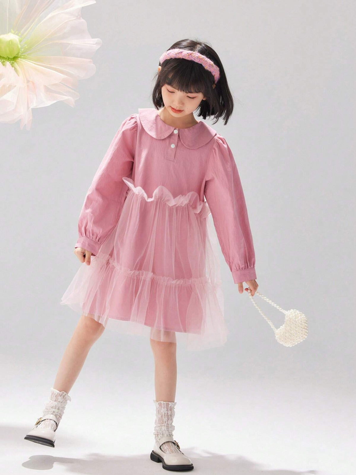 Girls Sweet Mesh Panel Puff Collar Long Sleeve Dress, Autumn