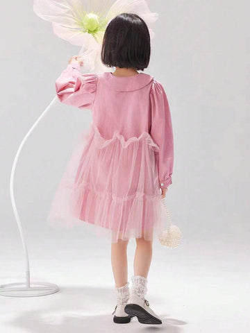 Girls Sweet Mesh Panel Puff Collar Long Sleeve Dress, Autumn
