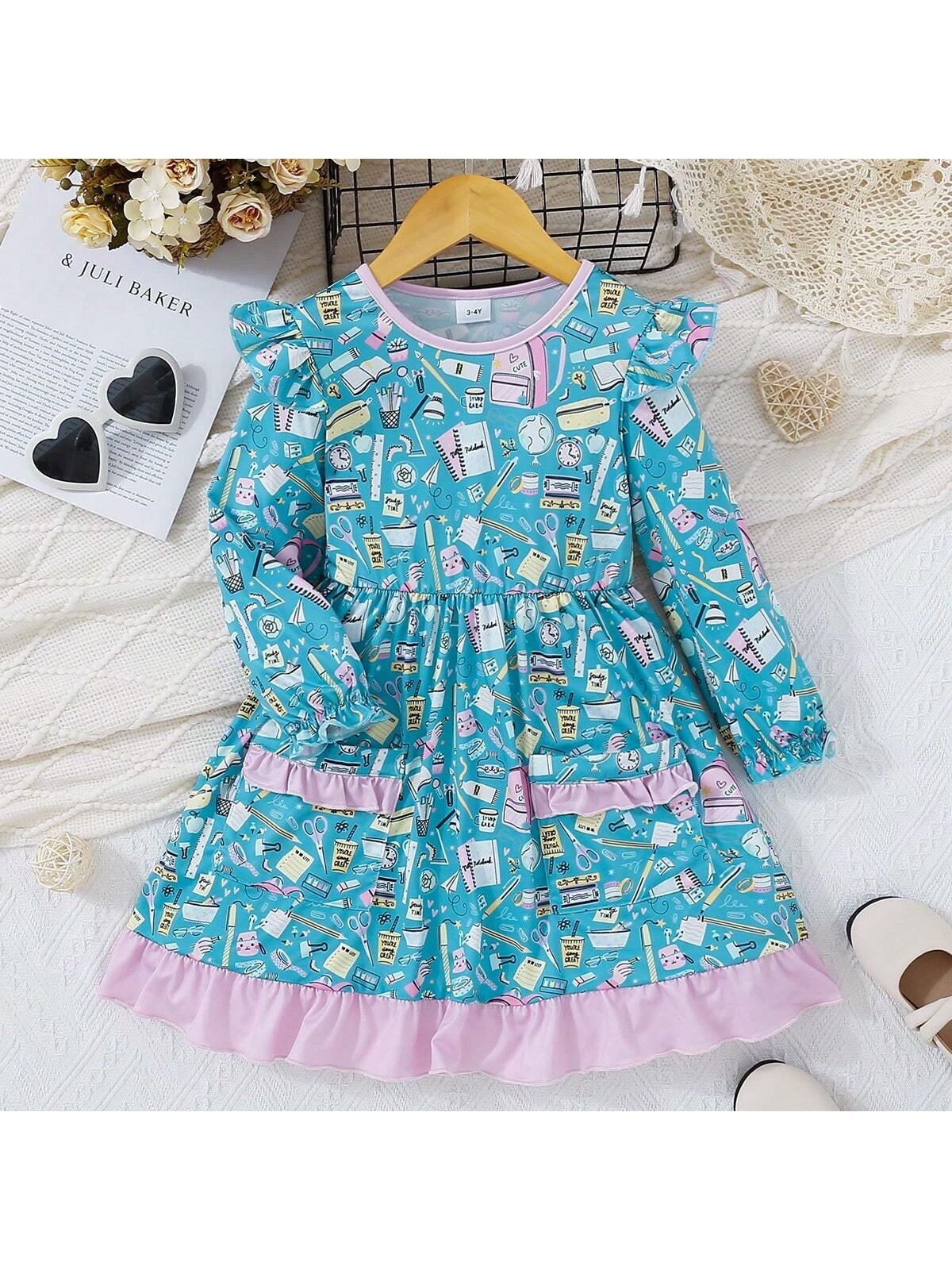 Girls" Sweet Pink Lace Splicing Hand-Drawn Pattern Dress