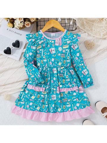 Girls" Sweet Pink Lace Splicing Hand-Drawn Pattern Dress