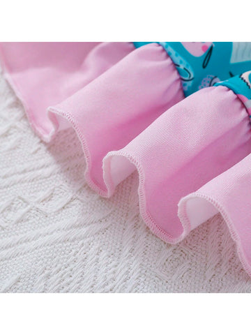 Girls" Sweet Pink Lace Splicing Hand-Drawn Pattern Dress