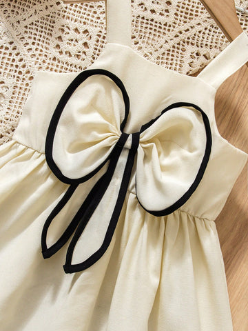 Girls Sweet Princess Style Dress, Minimalist & Versatile, Classic Black Bow Accent, High Waist Design For Slim Fit, Suitable For Party