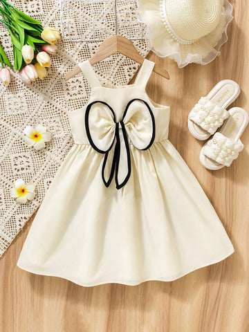 Girls Sweet Princess Style Dress, Minimalist & Versatile, Classic Black Bow Accent, High Waist Design For Slim Fit, Suitable For Party