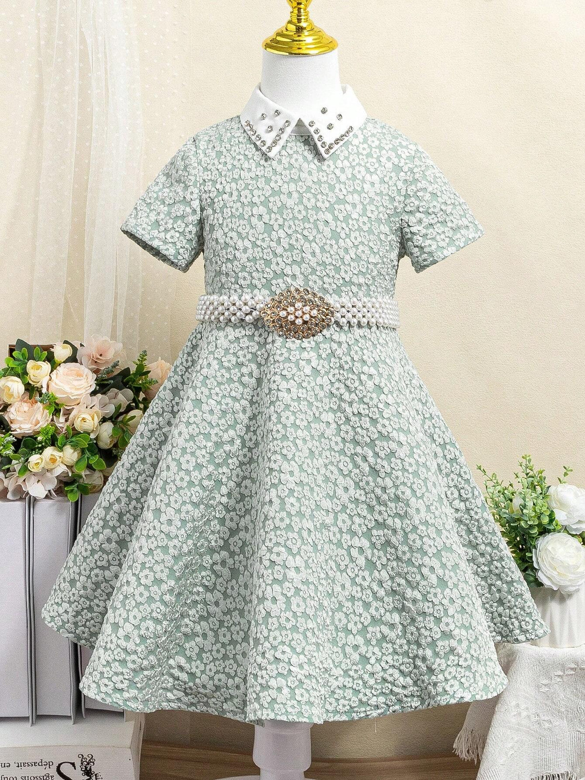 Girls' Sweet Rhinestone Decor Green Jacquard Dress With Turn-Down Collar