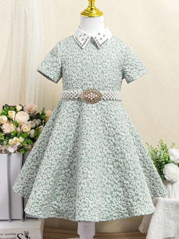 Girls' Sweet Rhinestone Decor Green Jacquard Dress With Turn-Down Collar